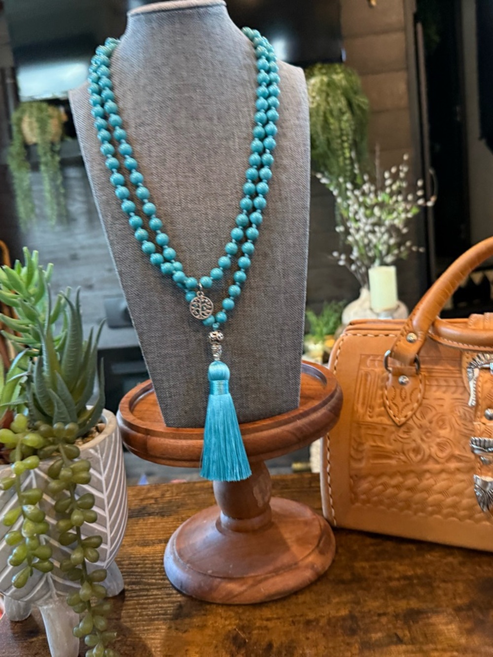 Turquoise Beaded Tassel Necklace - Women Jewelry